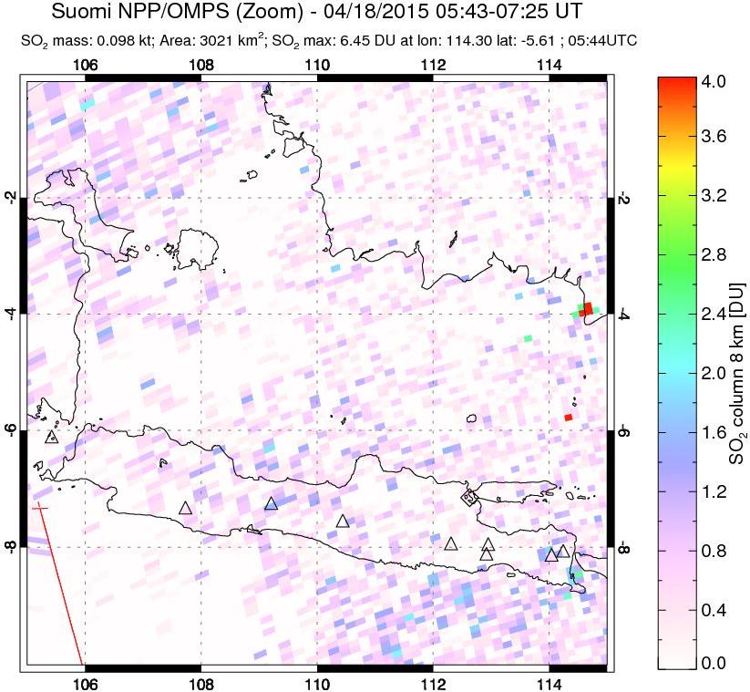 A sulfur dioxide image over Java, Indonesia on Apr 18, 2015.