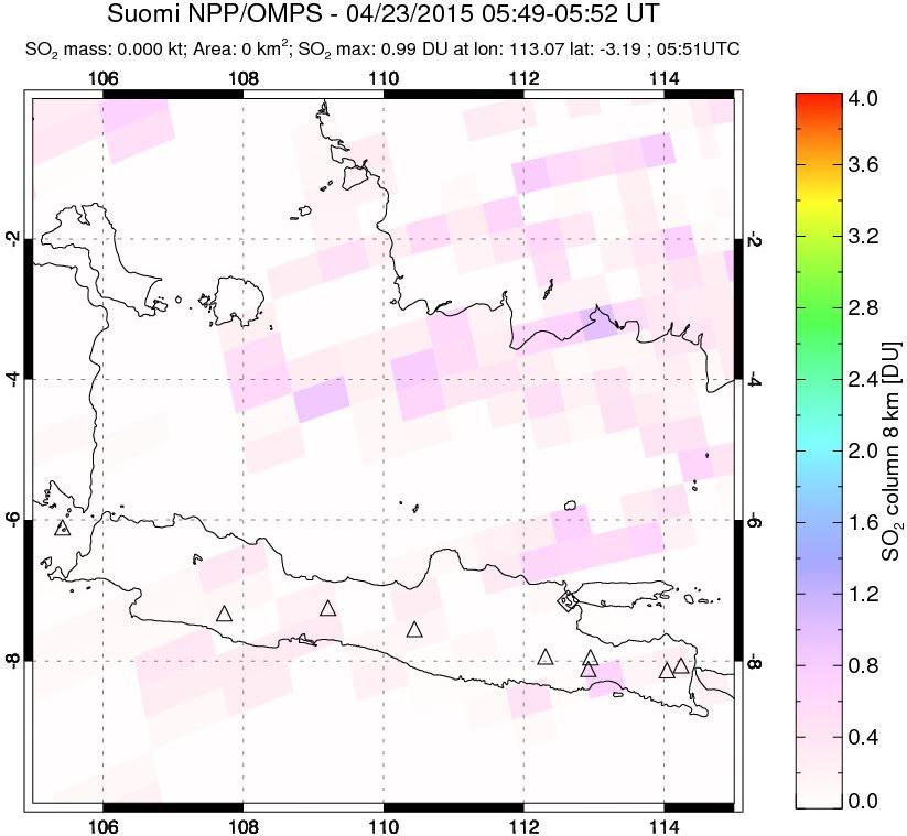 A sulfur dioxide image over Java, Indonesia on Apr 23, 2015.