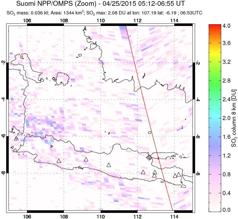 A sulfur dioxide image over Java, Indonesia on Apr 25, 2015.