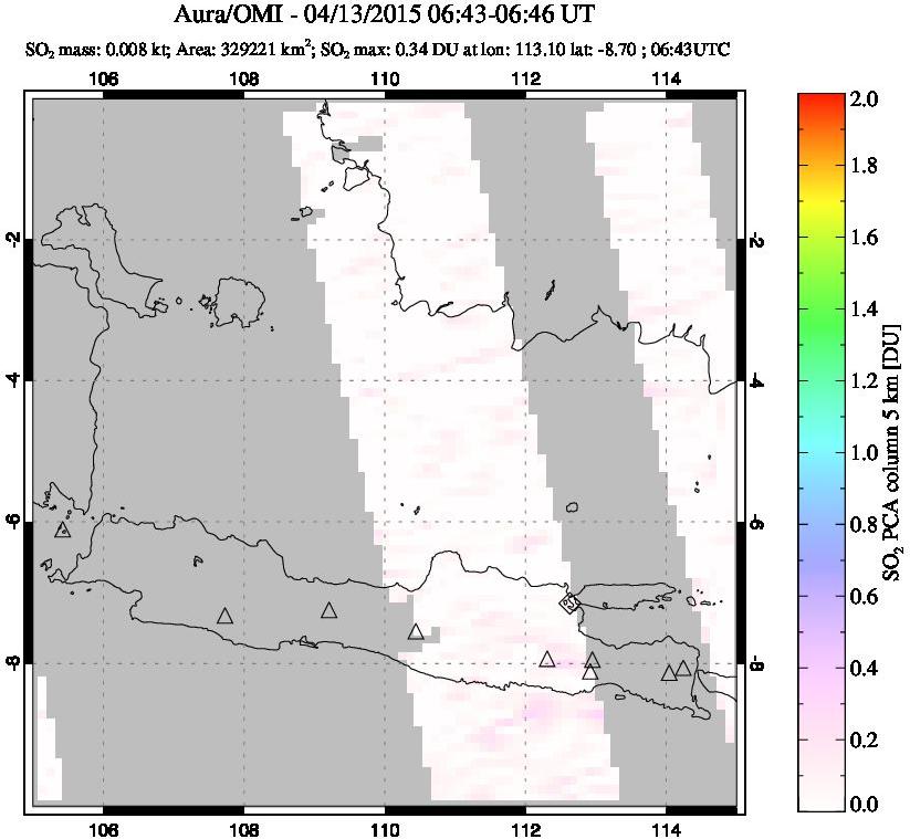 A sulfur dioxide image over Java, Indonesia on Apr 13, 2015.