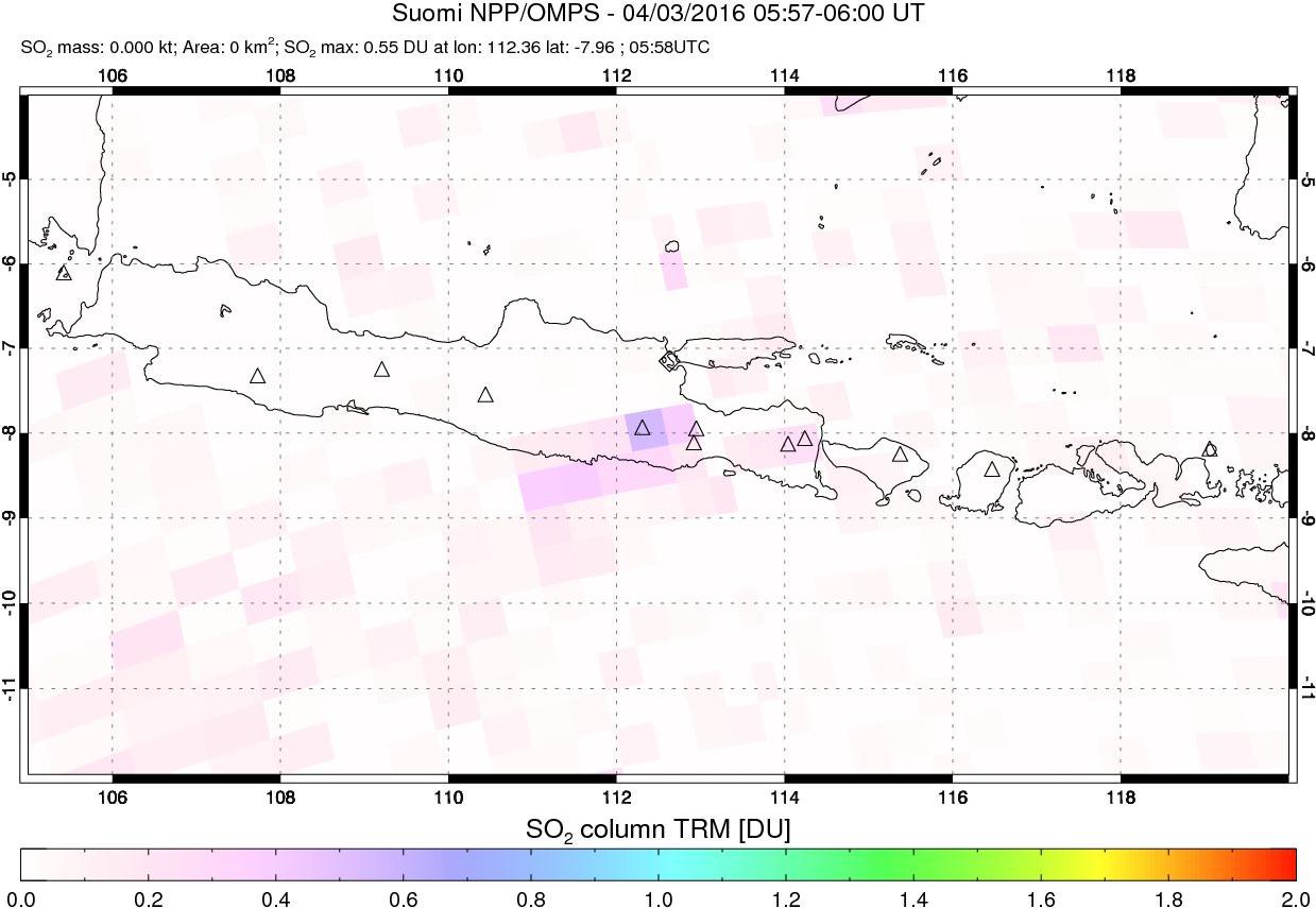 A sulfur dioxide image over Java, Indonesia on Apr 03, 2016.