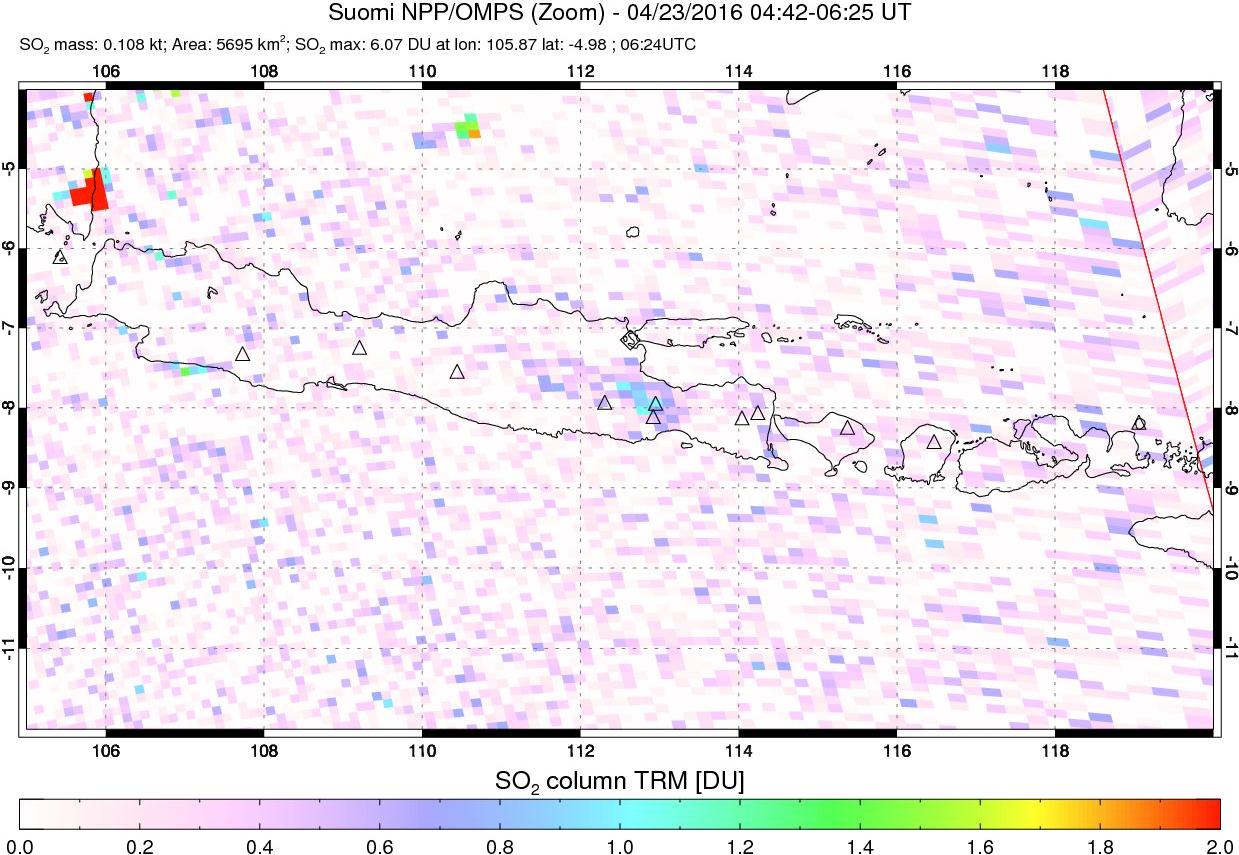 A sulfur dioxide image over Java, Indonesia on Apr 23, 2016.
