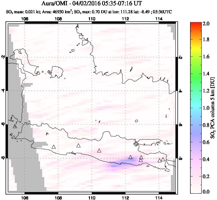 A sulfur dioxide image over Java, Indonesia on Apr 02, 2016.