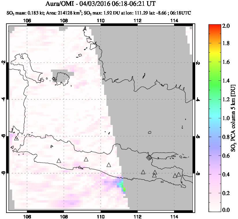 A sulfur dioxide image over Java, Indonesia on Apr 03, 2016.