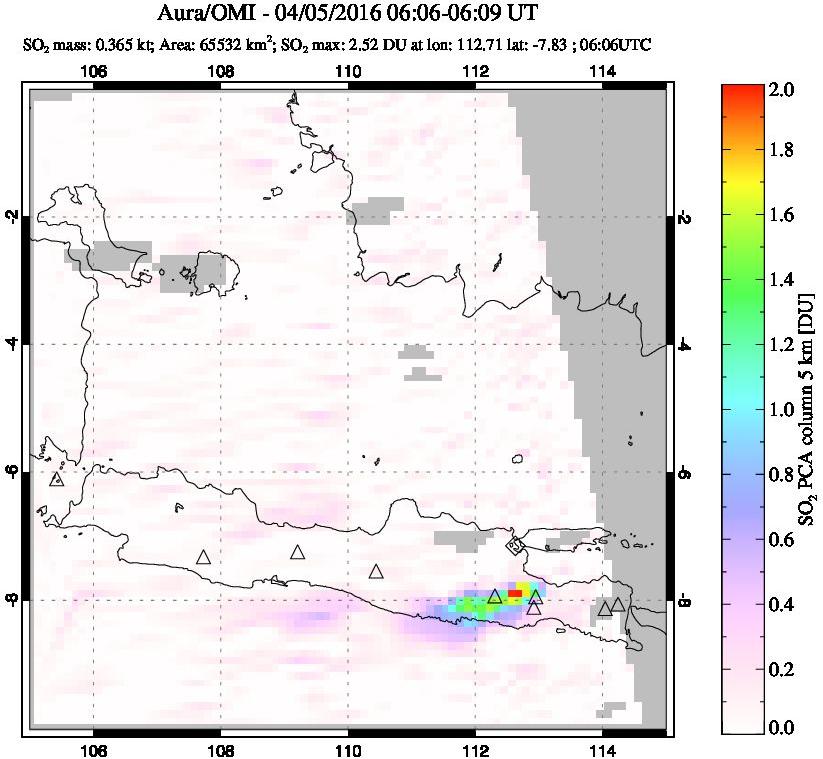 A sulfur dioxide image over Java, Indonesia on Apr 05, 2016.