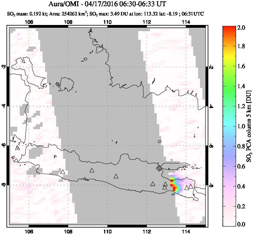 A sulfur dioxide image over Java, Indonesia on Apr 17, 2016.