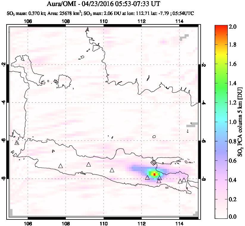 A sulfur dioxide image over Java, Indonesia on Apr 23, 2016.