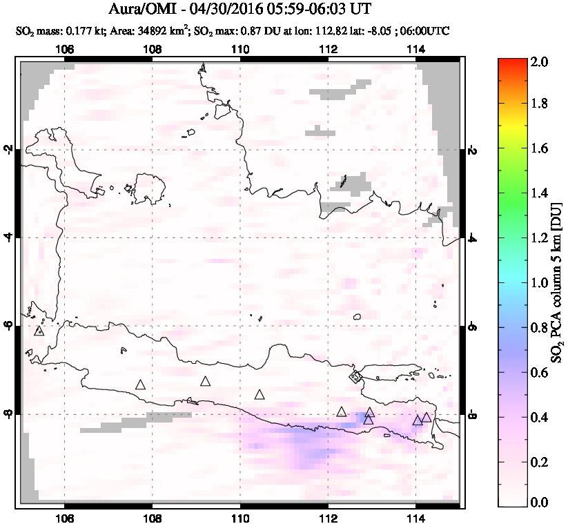 A sulfur dioxide image over Java, Indonesia on Apr 30, 2016.