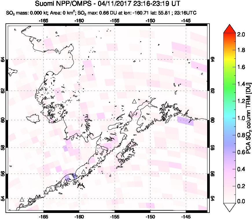 A sulfur dioxide image over Alaska, USA on Apr 11, 2017.