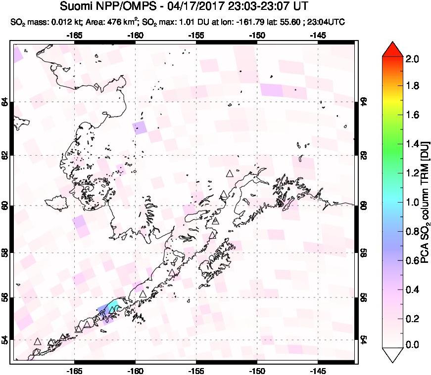 A sulfur dioxide image over Alaska, USA on Apr 17, 2017.