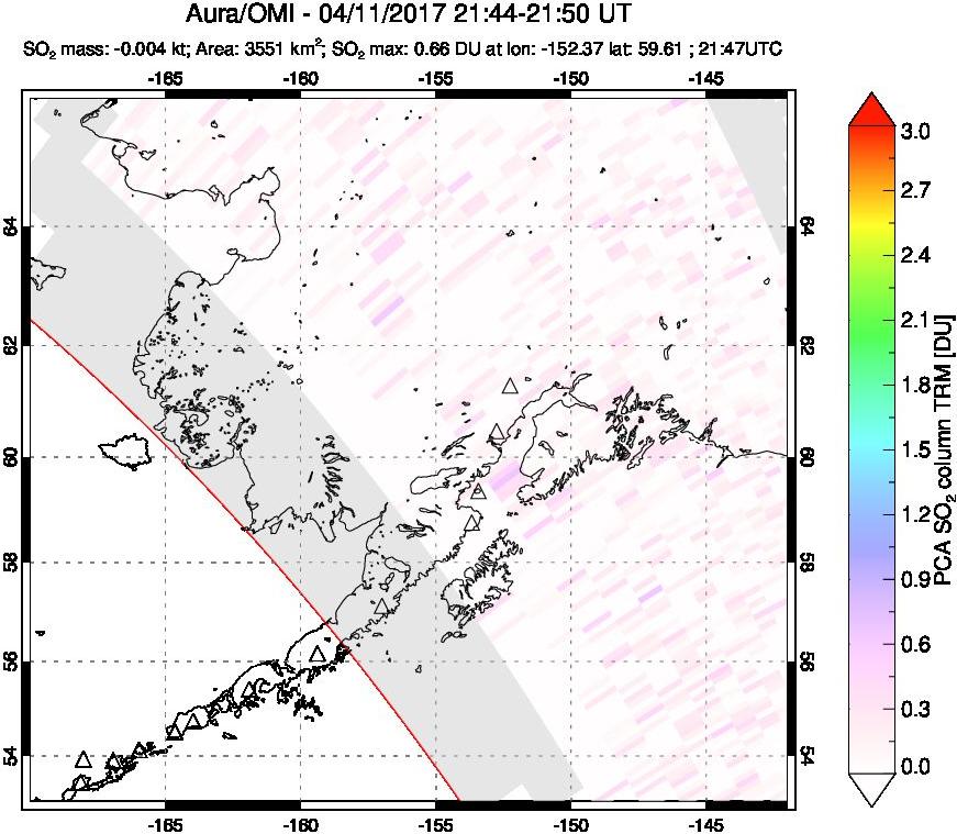 A sulfur dioxide image over Alaska, USA on Apr 11, 2017.