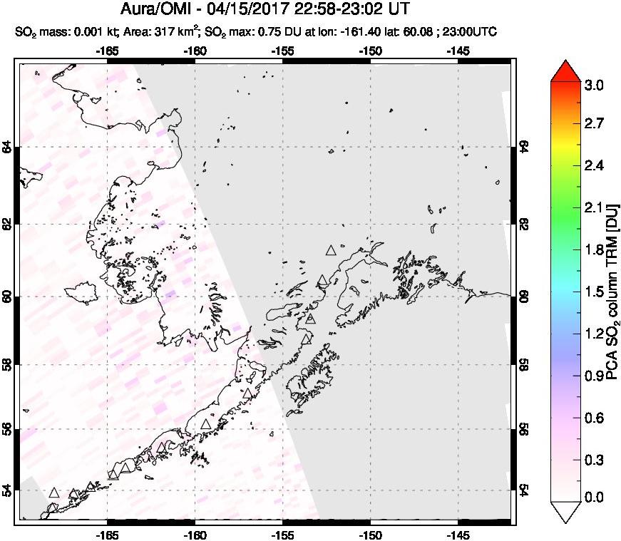 A sulfur dioxide image over Alaska, USA on Apr 15, 2017.