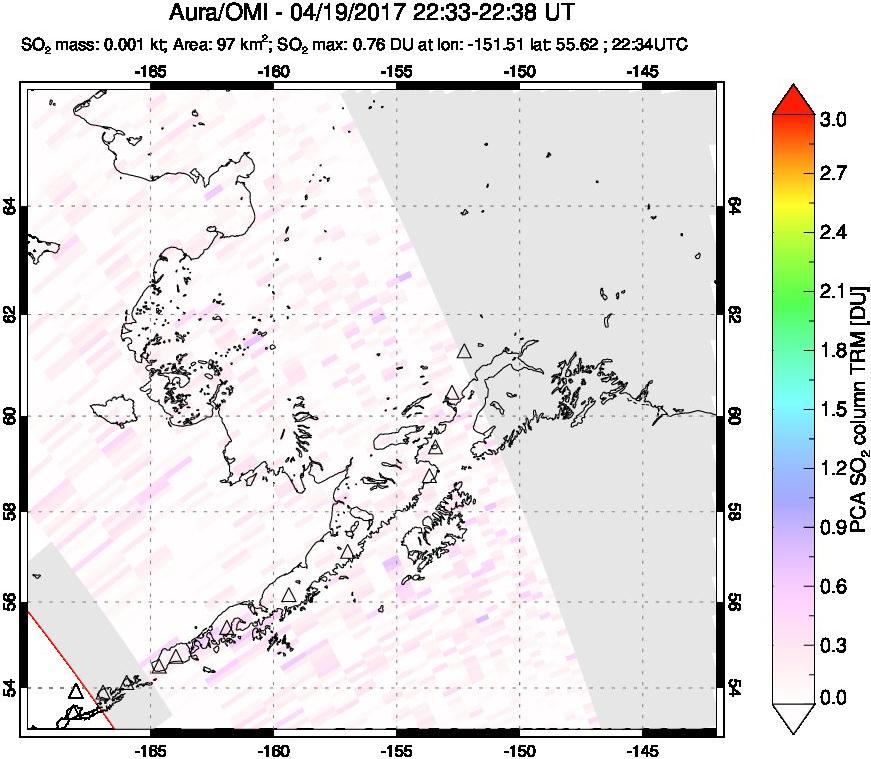 A sulfur dioxide image over Alaska, USA on Apr 19, 2017.
