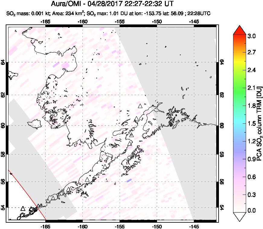 A sulfur dioxide image over Alaska, USA on Apr 28, 2017.