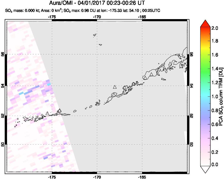 A sulfur dioxide image over Aleutian Islands, Alaska, USA on Apr 01, 2017.