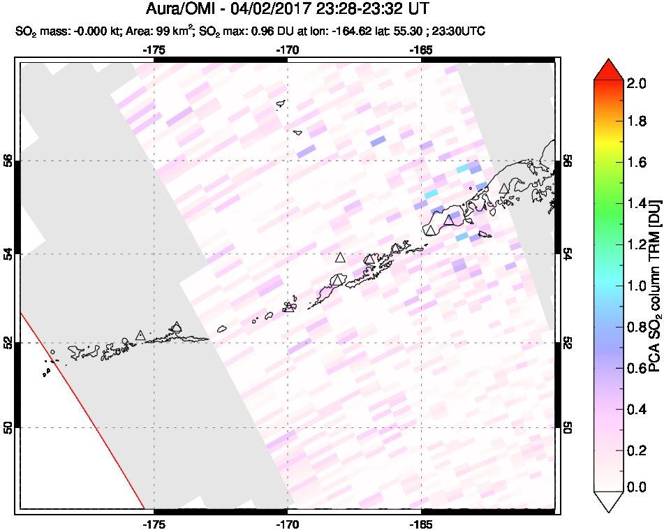 A sulfur dioxide image over Aleutian Islands, Alaska, USA on Apr 02, 2017.
