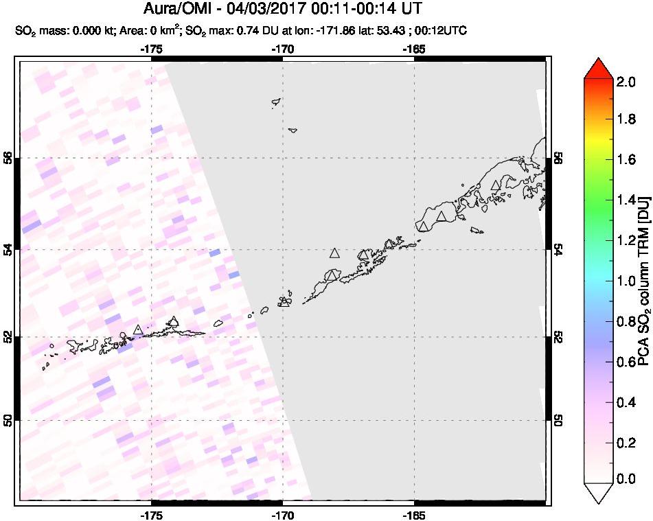 A sulfur dioxide image over Aleutian Islands, Alaska, USA on Apr 03, 2017.