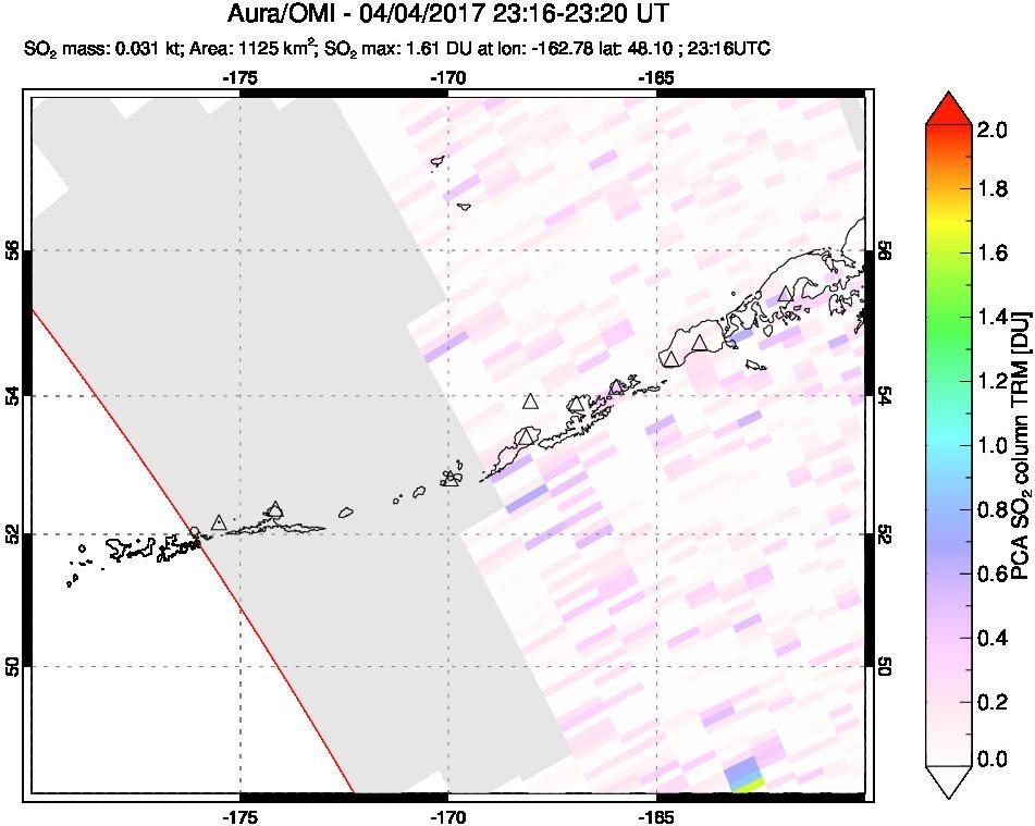 A sulfur dioxide image over Aleutian Islands, Alaska, USA on Apr 04, 2017.