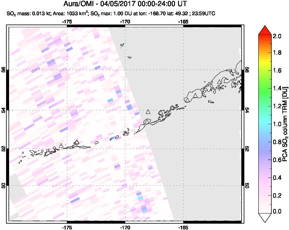 A sulfur dioxide image over Aleutian Islands, Alaska, USA on Apr 05, 2017.