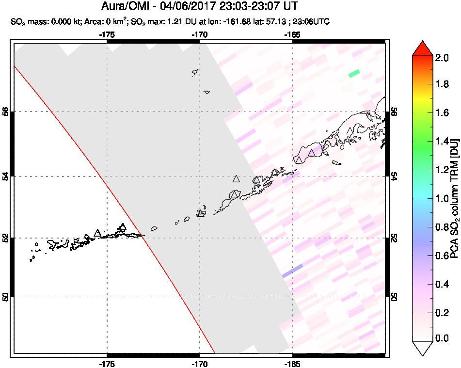 A sulfur dioxide image over Aleutian Islands, Alaska, USA on Apr 06, 2017.