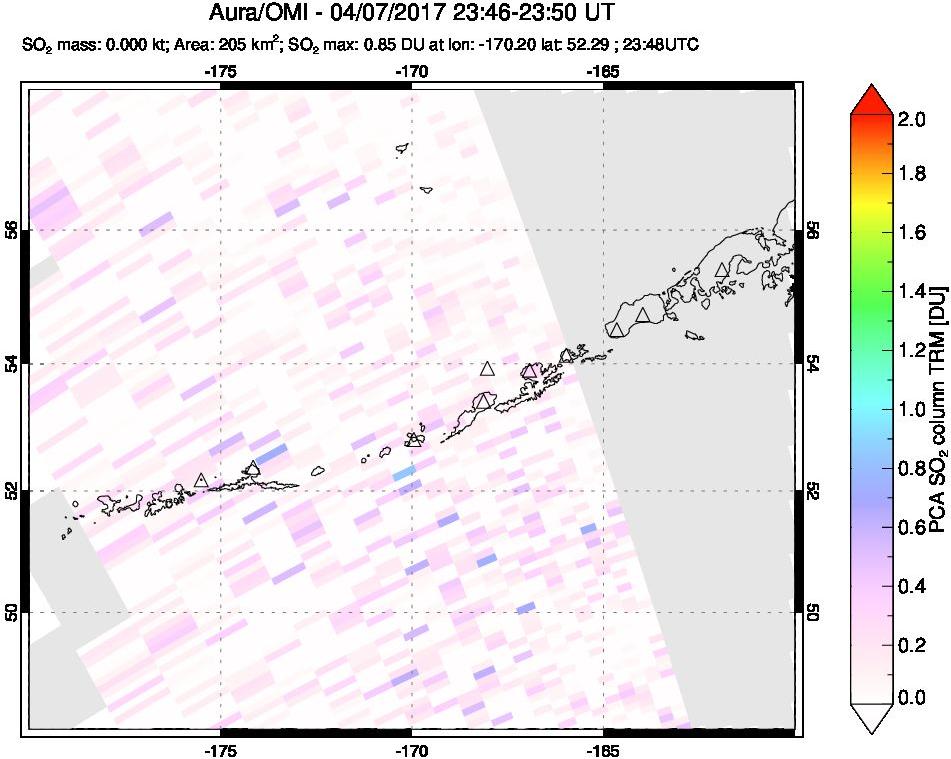A sulfur dioxide image over Aleutian Islands, Alaska, USA on Apr 07, 2017.