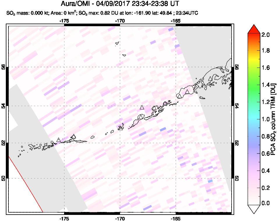 A sulfur dioxide image over Aleutian Islands, Alaska, USA on Apr 09, 2017.