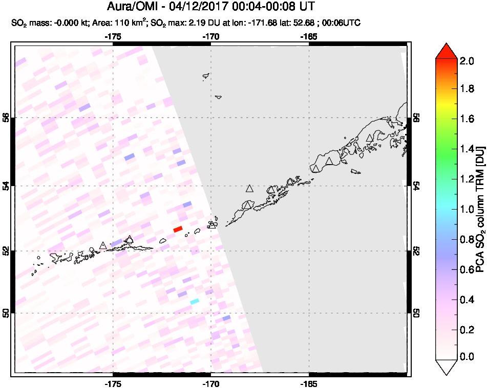 A sulfur dioxide image over Aleutian Islands, Alaska, USA on Apr 12, 2017.