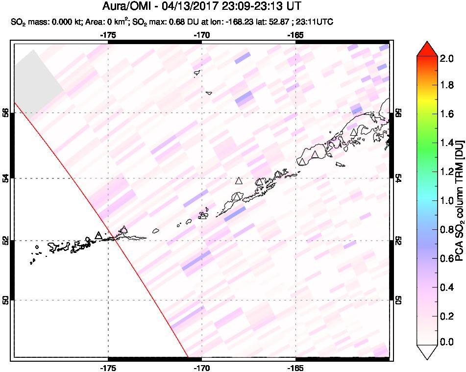 A sulfur dioxide image over Aleutian Islands, Alaska, USA on Apr 13, 2017.