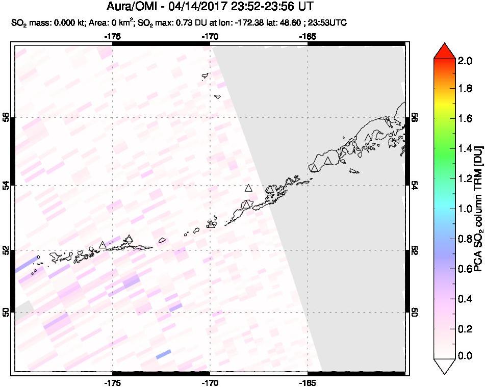 A sulfur dioxide image over Aleutian Islands, Alaska, USA on Apr 14, 2017.