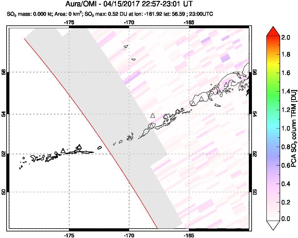 A sulfur dioxide image over Aleutian Islands, Alaska, USA on Apr 15, 2017.