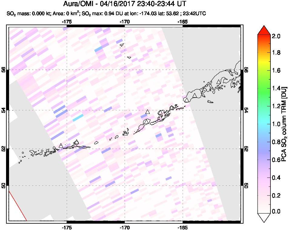 A sulfur dioxide image over Aleutian Islands, Alaska, USA on Apr 16, 2017.