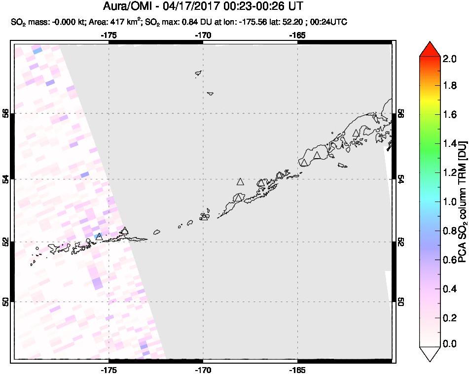 A sulfur dioxide image over Aleutian Islands, Alaska, USA on Apr 17, 2017.