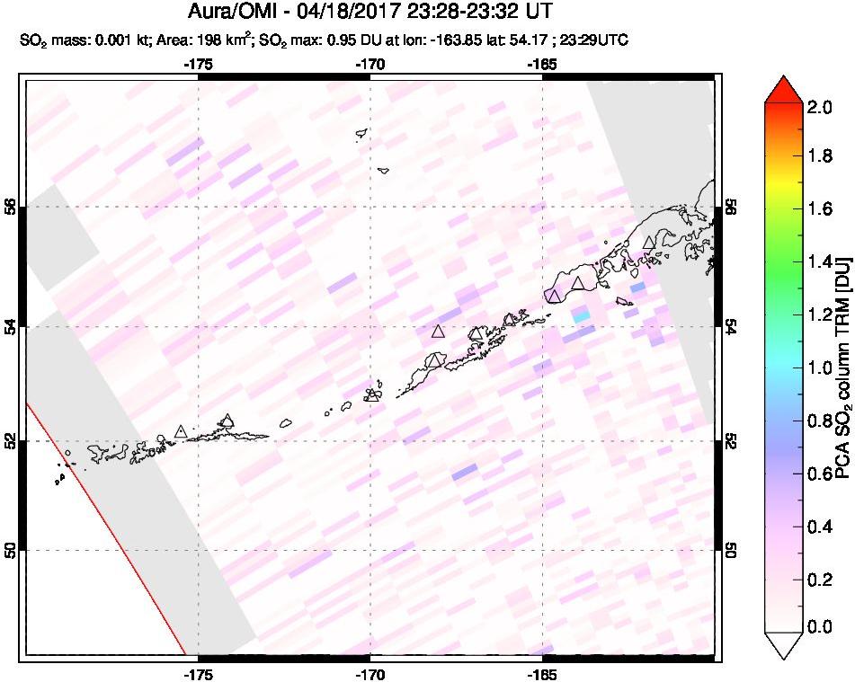A sulfur dioxide image over Aleutian Islands, Alaska, USA on Apr 18, 2017.