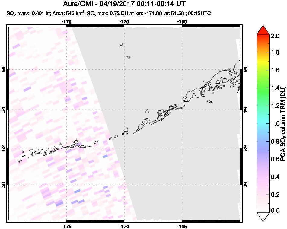 A sulfur dioxide image over Aleutian Islands, Alaska, USA on Apr 19, 2017.