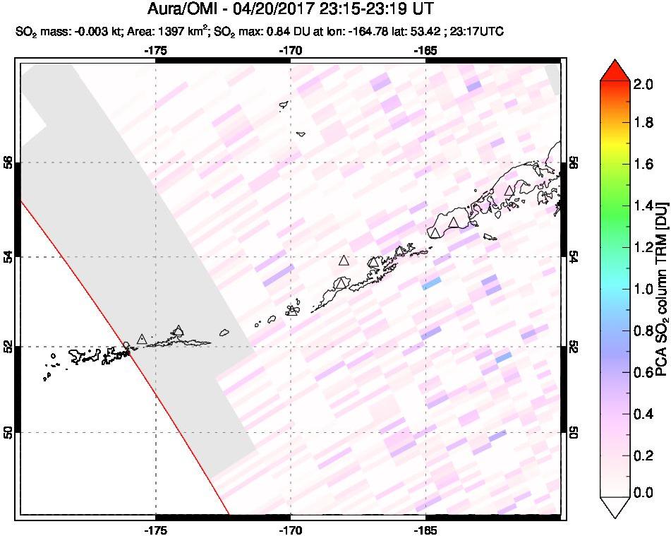 A sulfur dioxide image over Aleutian Islands, Alaska, USA on Apr 20, 2017.