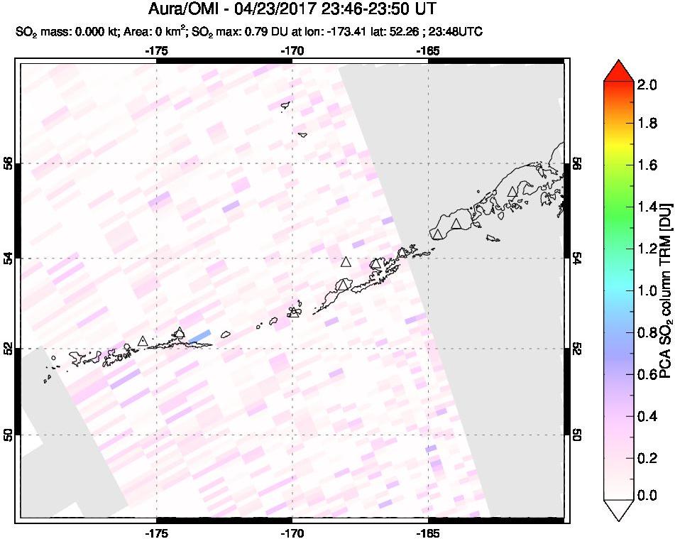 A sulfur dioxide image over Aleutian Islands, Alaska, USA on Apr 23, 2017.