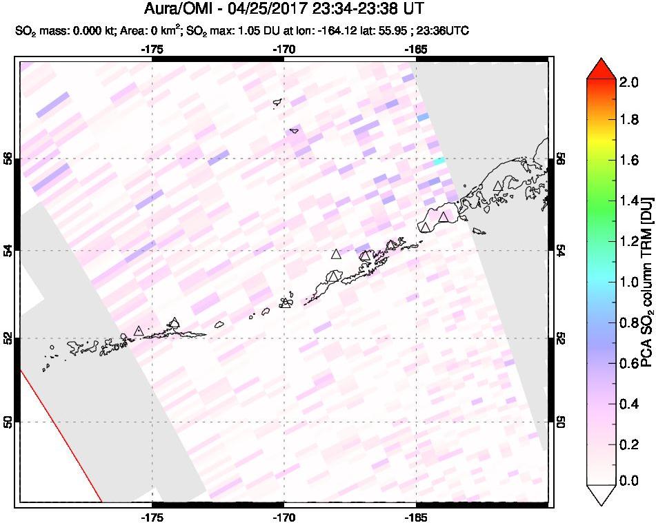 A sulfur dioxide image over Aleutian Islands, Alaska, USA on Apr 25, 2017.