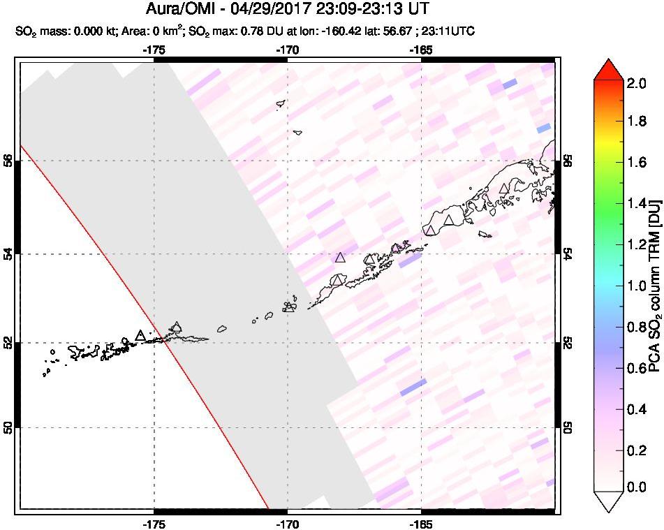 A sulfur dioxide image over Aleutian Islands, Alaska, USA on Apr 29, 2017.