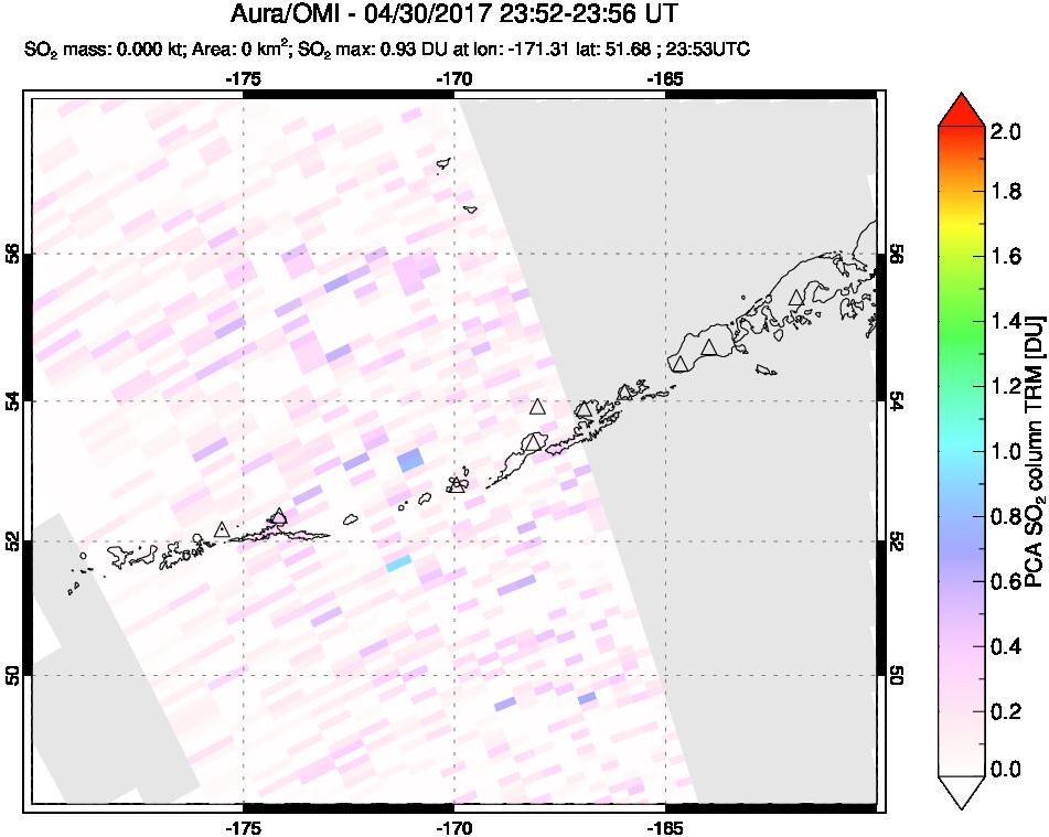 A sulfur dioxide image over Aleutian Islands, Alaska, USA on Apr 30, 2017.