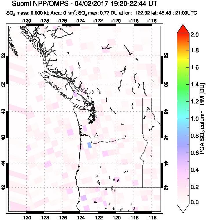 A sulfur dioxide image over Cascade Range, USA on Apr 02, 2017.