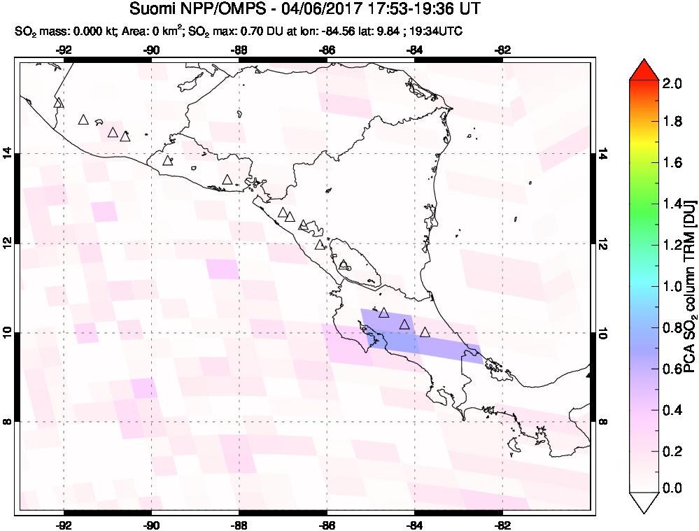 A sulfur dioxide image over Central America on Apr 06, 2017.