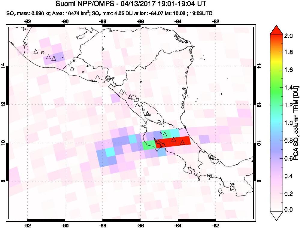 A sulfur dioxide image over Central America on Apr 13, 2017.