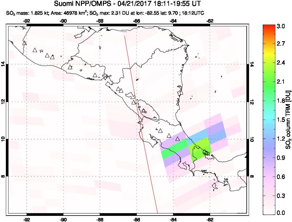 A sulfur dioxide image over Central America on Apr 21, 2017.
