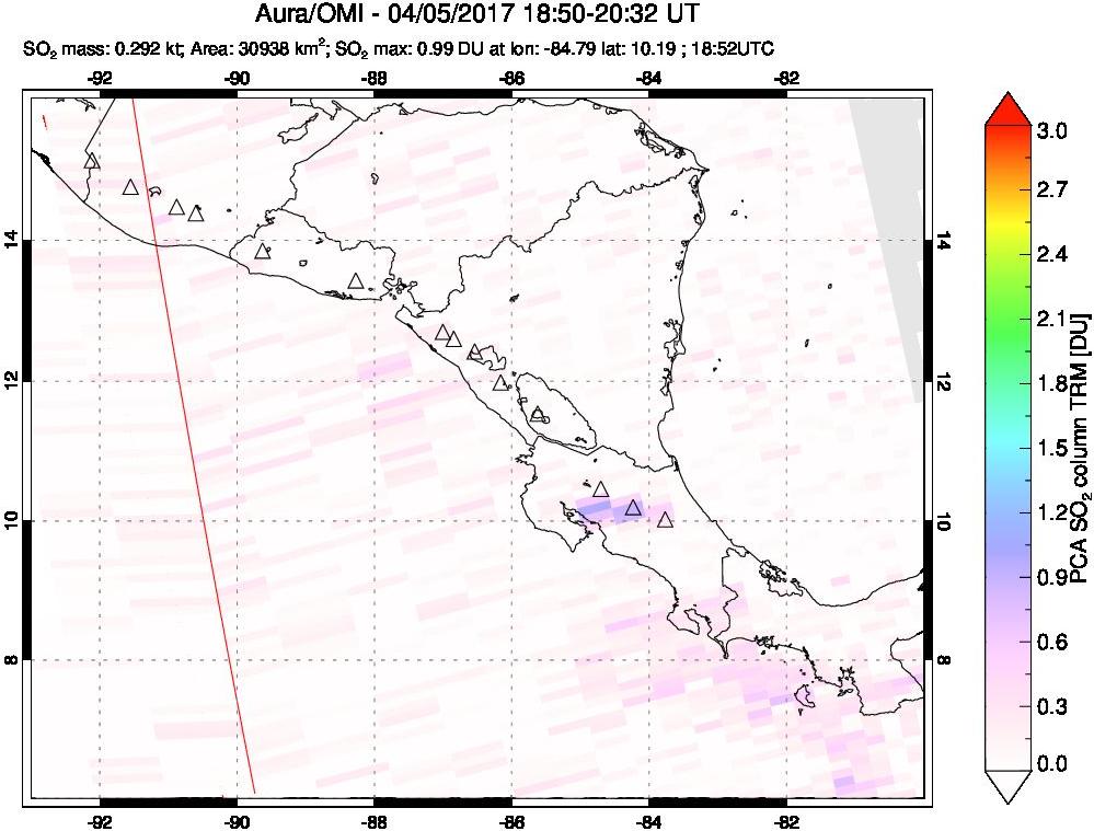 A sulfur dioxide image over Central America on Apr 05, 2017.