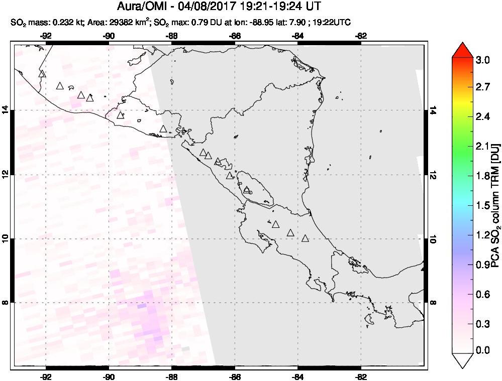 A sulfur dioxide image over Central America on Apr 08, 2017.
