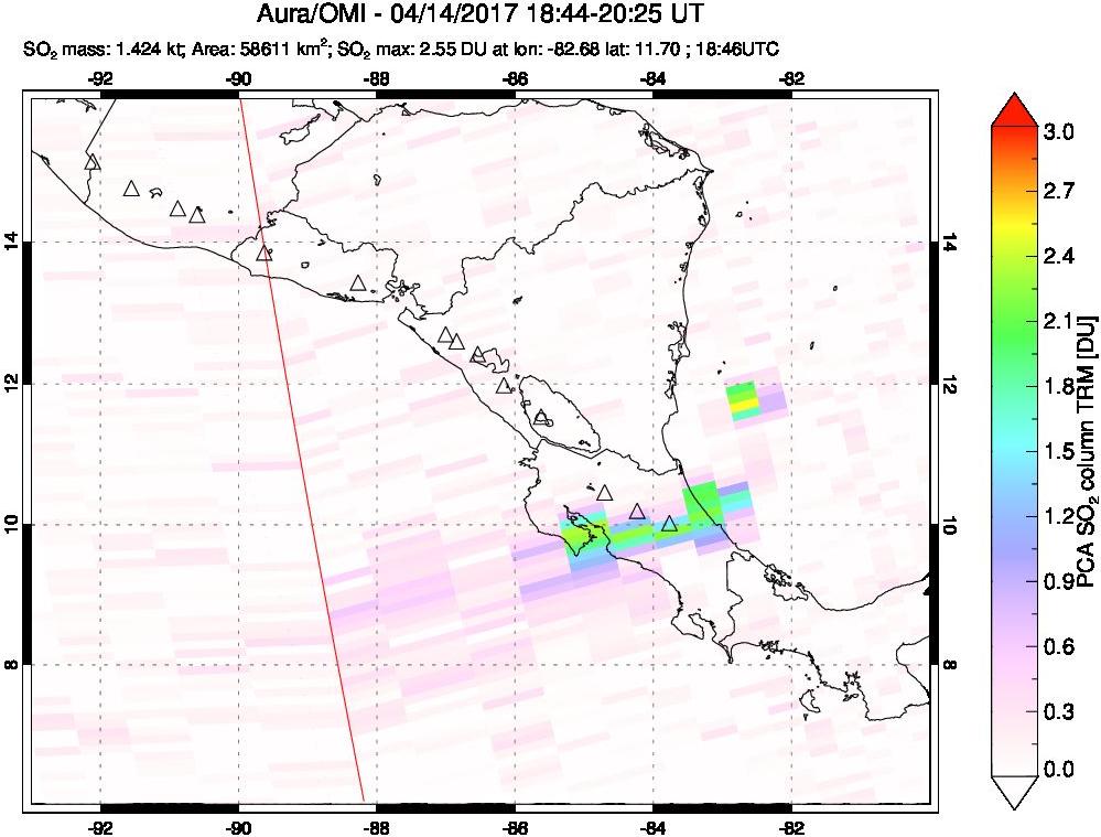 A sulfur dioxide image over Central America on Apr 14, 2017.