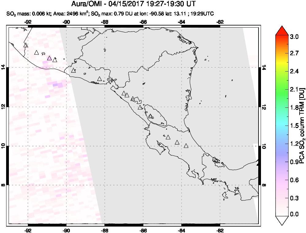 A sulfur dioxide image over Central America on Apr 15, 2017.