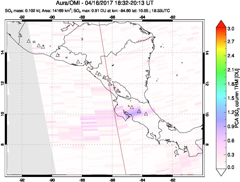 A sulfur dioxide image over Central America on Apr 16, 2017.