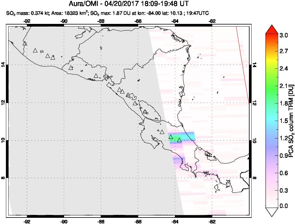 A sulfur dioxide image over Central America on Apr 20, 2017.