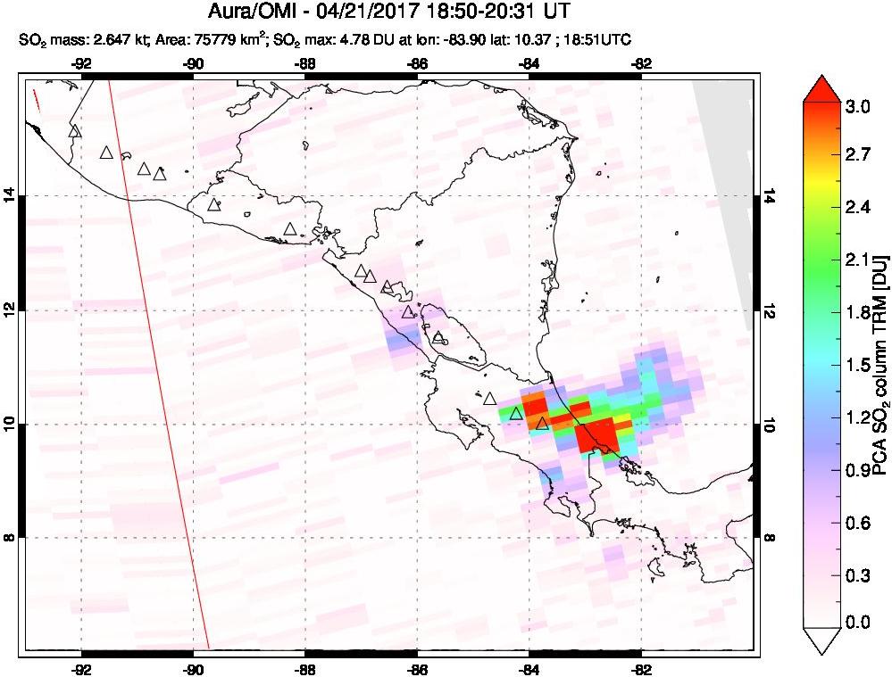 A sulfur dioxide image over Central America on Apr 21, 2017.